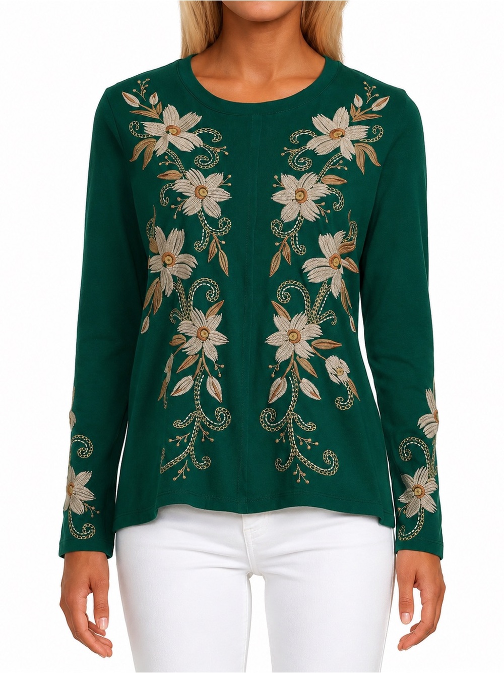 Johnny Was Raw Seam Crew Neck Tee Embroidered Floral Green Top sz Medium